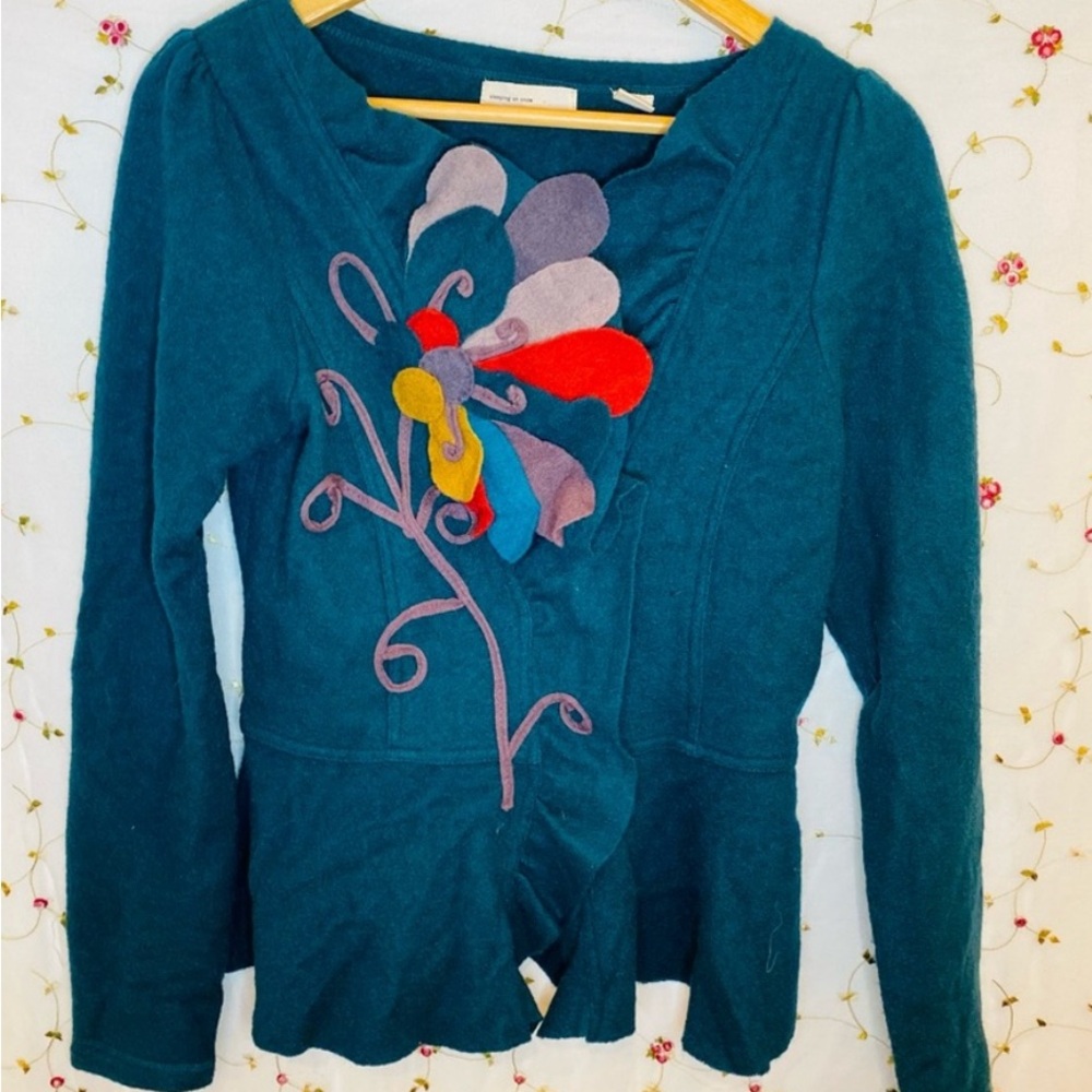 Anthropologie Teal Sweater with Floral Design